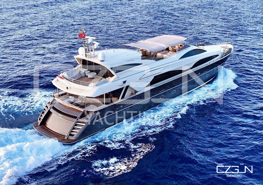 Luxury yacht anchored in Bodrum at sunset with a view of the castle