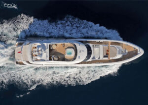 Luxury motor yacht cruising through Greek islands on a charter from Bodrum with Özgün Yachting.