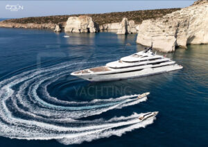 Luxury motor yacht cruising through Greek islands on a charter from Bodrum with Özgün Yachting.