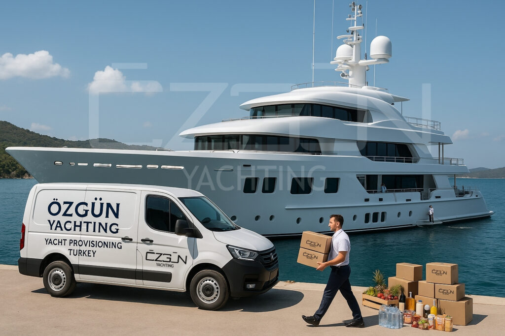 Luxury superyacht docked in a Turkish marina, supplied with gourmet provisions by Özgün Yachting.