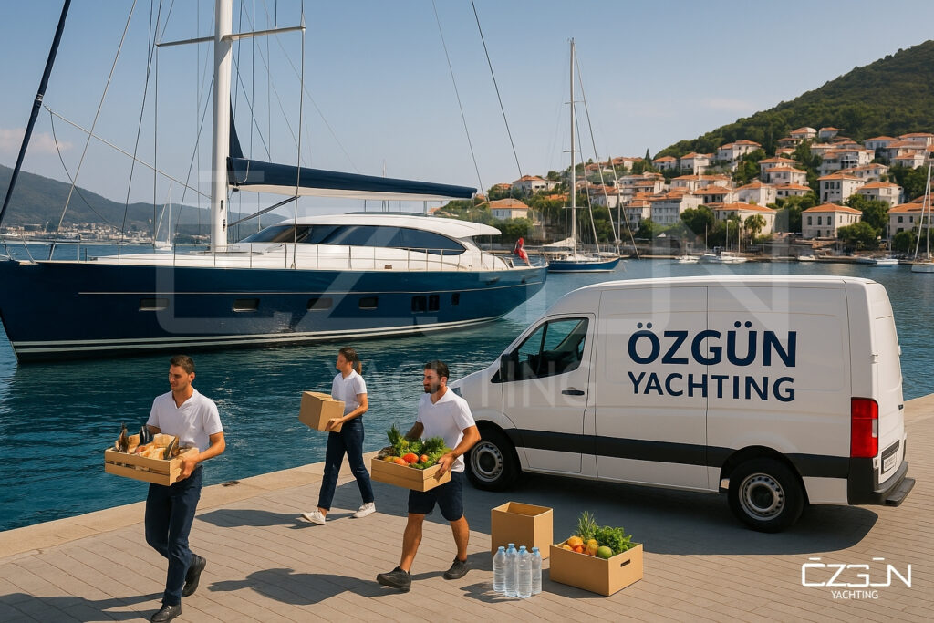Özgün Yachting crew unloading gourmet yacht provisions onto a superyacht in a Turkish marina.