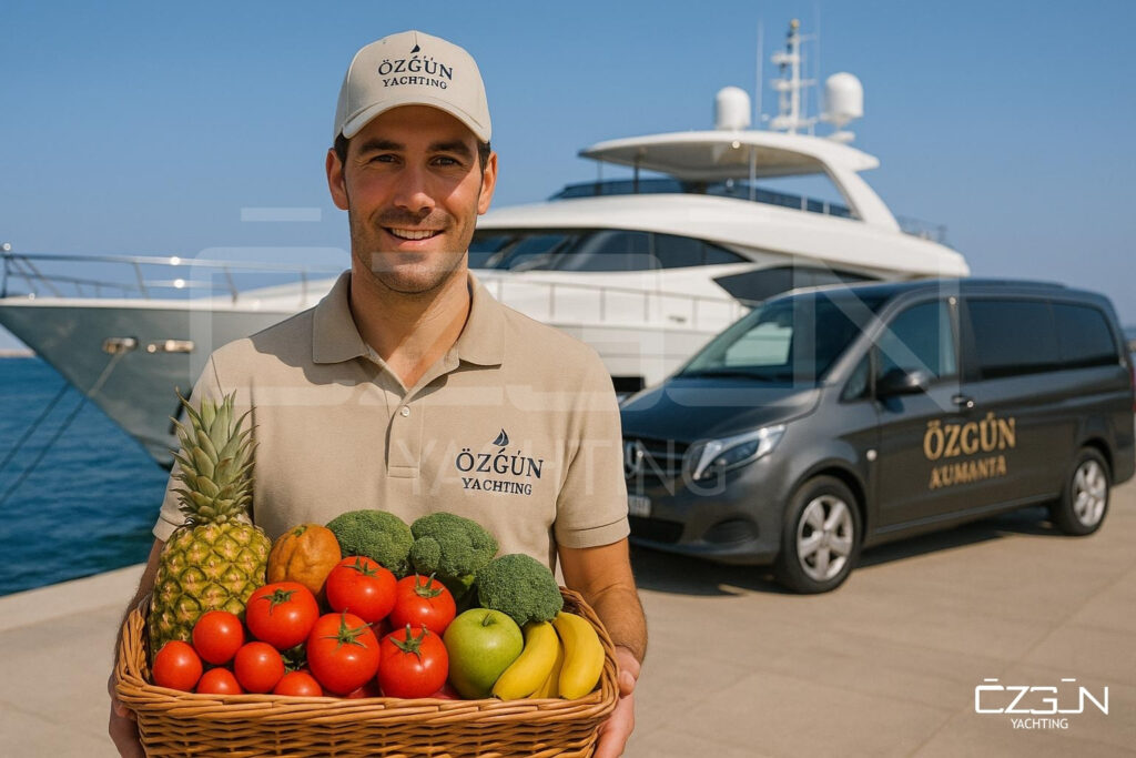 Yacht provisioning team from Özgün Yachting delivering fresh supplies to a luxury superyacht docked in Bodrum, Turkey.