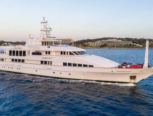 Pegasus mega yacht cruising the Mediterranean, featuring elegant exterior and spacious decks.
