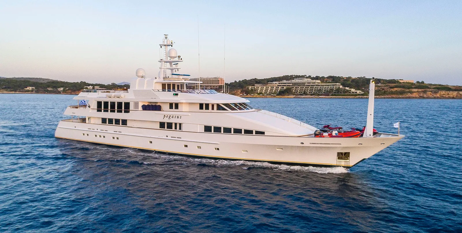 Pegasus mega yacht cruising the Mediterranean, featuring elegant exterior and spacious decks.