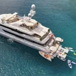 Aerial view of SEAHORSE mega yacht sailing in the Mediterranean, highlighting her luxury design, spacious sun deck, and elegant silhouette.