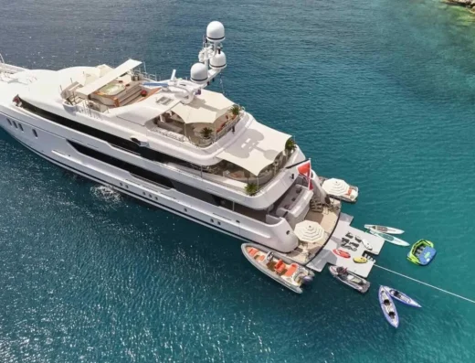 Aerial view of SEAHORSE mega yacht sailing in the Mediterranean, highlighting her luxury design, spacious sun deck, and elegant silhouette.