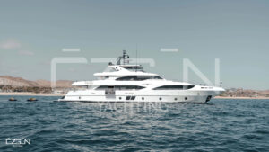 A luxury motor yacht anchored in a turquoise bay with the iconic whitewashed buildings and windmills of Mykonos, Greece, in the background. Representing Mykonos Yacht Rental and Luxury Boat Charter Greece.